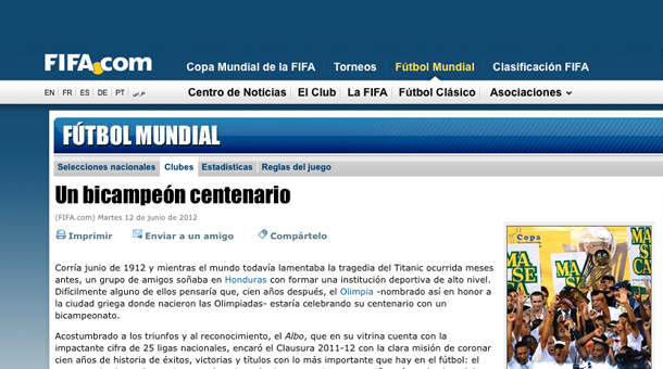 Sitio web de la FIFA destaca Centenario de Olimpia